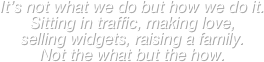 It’s not what we do but how we do it. Sitting in traffic, making love, 
selling widgets, raising a family. 
Not the what but the how.